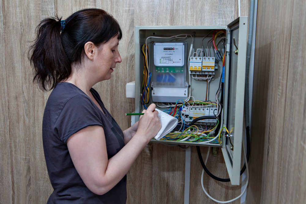 Žena odčíta elektromery, stojac pri elektrickom rozvádzači vo vnútri.